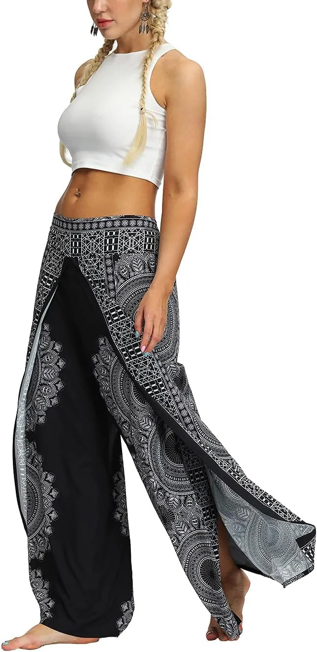 Ainuno Boho Pants Wide Leg Palazzo Pants with Slits for Women Flowy Hippie Pants Thin