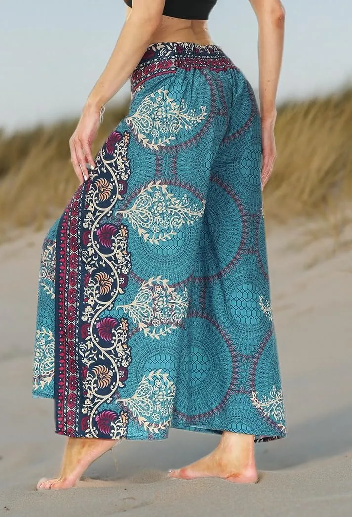 Ainuno Boho Pants Wide Leg Palazzo Pants with Slits for Women Flowy Hippie Pants Thin