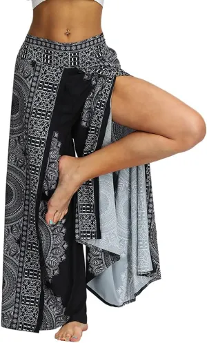 Ainuno Boho Pants Wide Leg Palazzo Pants with Slits for Women Flowy Hippie Pants Thin