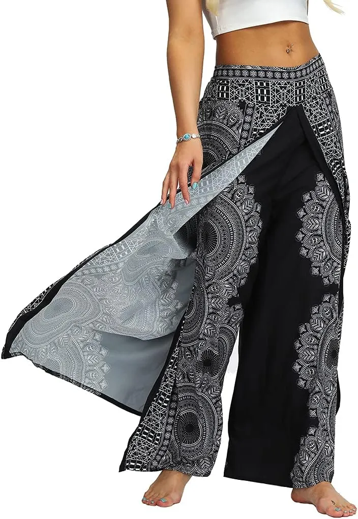 Ainuno Boho Pants Wide Leg Palazzo Pants with Slits for Women Flowy Hippie Pants Thin