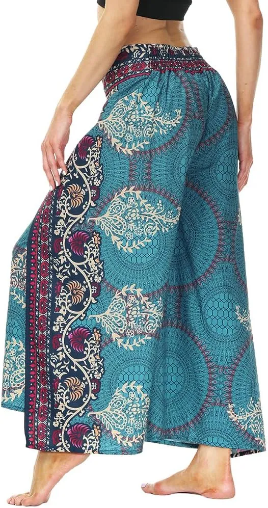 Ainuno Boho Pants Wide Leg Palazzo Pants with Slits for Women Flowy Hippie Pants Thin