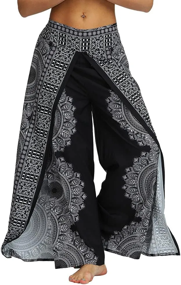 Ainuno Boho Pants Wide Leg Palazzo Pants with Slits for Women Flowy Hippie Pants Thin