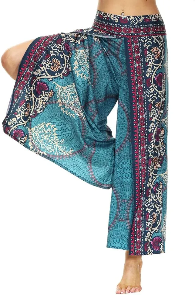 Ainuno Boho Pants Wide Leg Palazzo Pants with Slits for Women Flowy Hippie Pants Thin