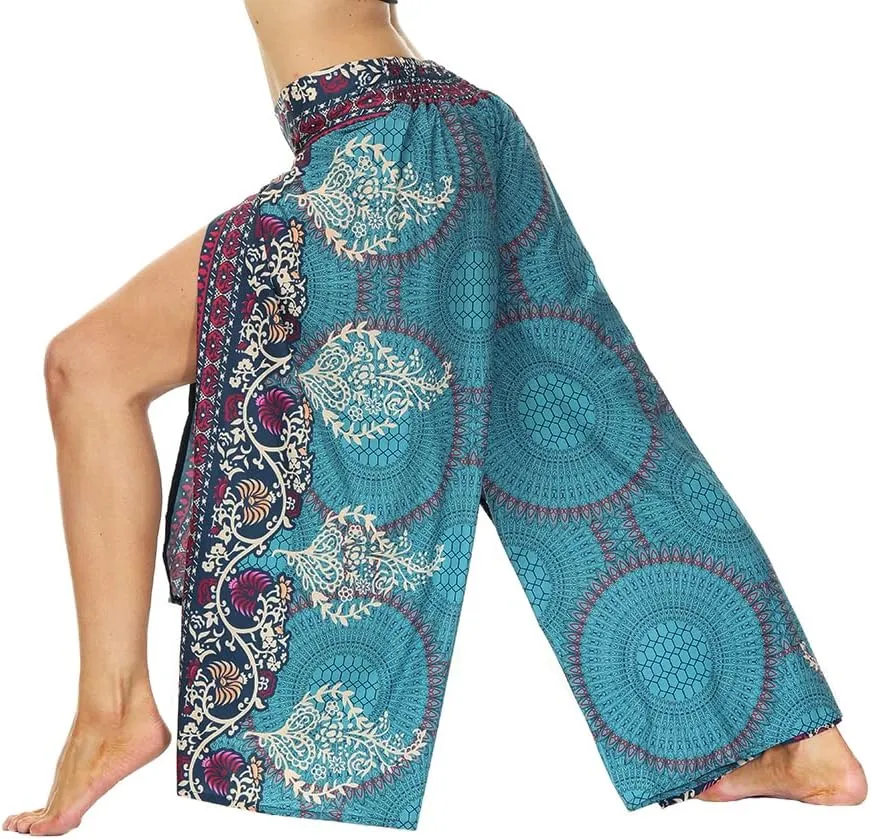 Ainuno Boho Pants Wide Leg Palazzo Pants with Slits for Women Flowy Hippie Pants Thin