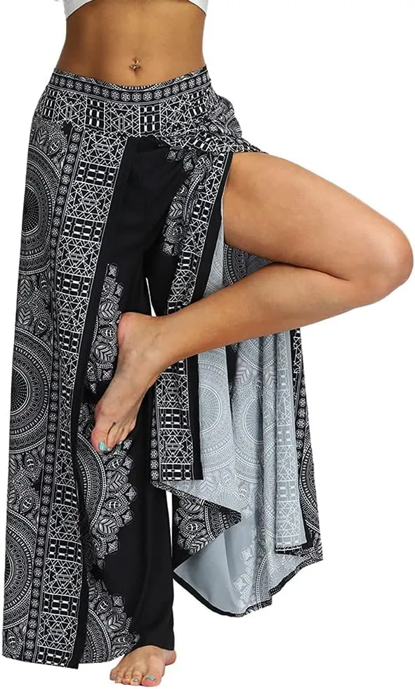 Ainuno Boho Pants Wide Leg Palazzo Pants with Slits for Women Flowy Hippie Pants Thin