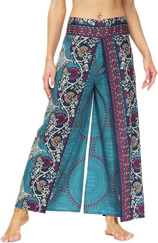 Ainuno Boho Pants Wide Leg Palazzo Pants with Slits for Women Flowy Hippie Pants Thin