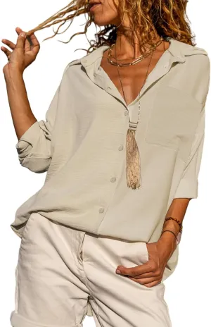 Astylish Women Casual V Neck Button Down Silk Shirt Long Sleeve Color Block Blouse Tunic Tops