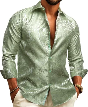 Barry.Wang Men's Silk Shirts Button Down Dress Shirt for Men Satin Paisley Floral Long Sleeve Cowboy Casual Mexico Shirts