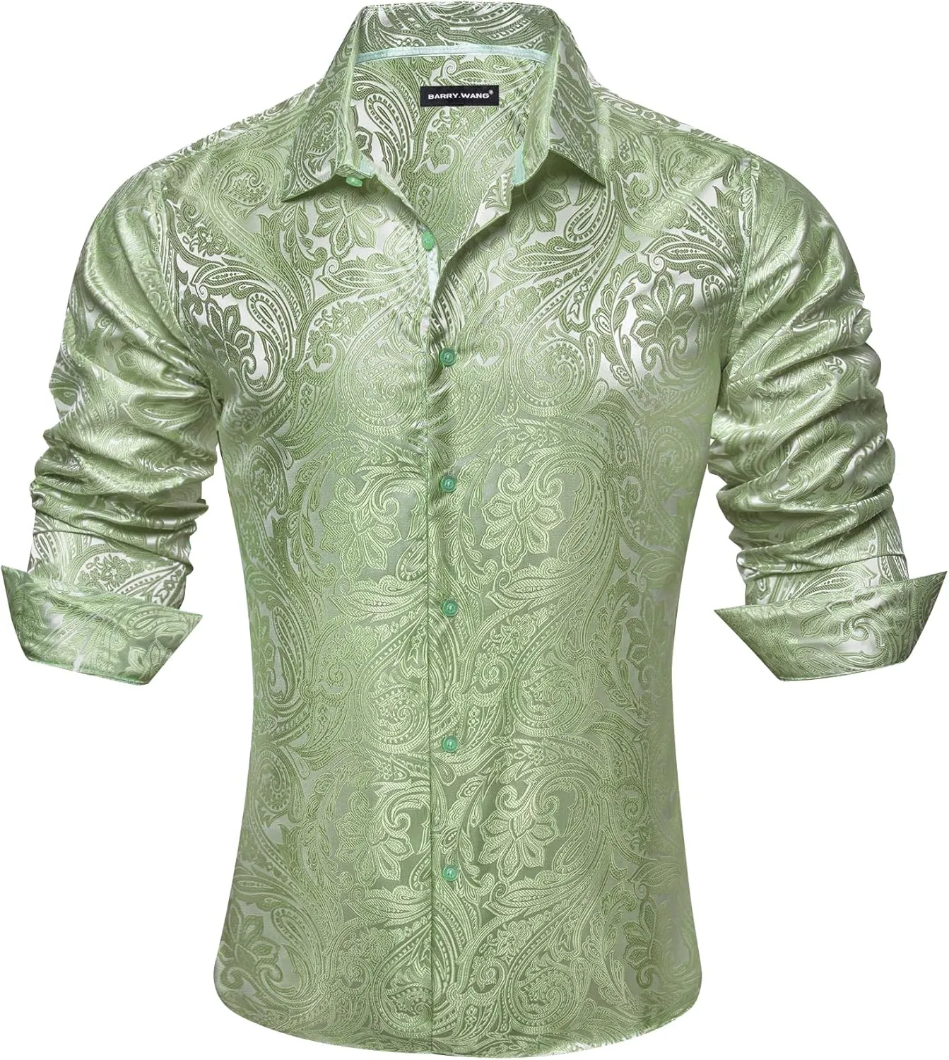 Barry.Wang Men's Silk Shirts Button Down Dress Shirt for Men Satin Paisley Floral Long Sleeve Cowboy Casual Mexico Shirts