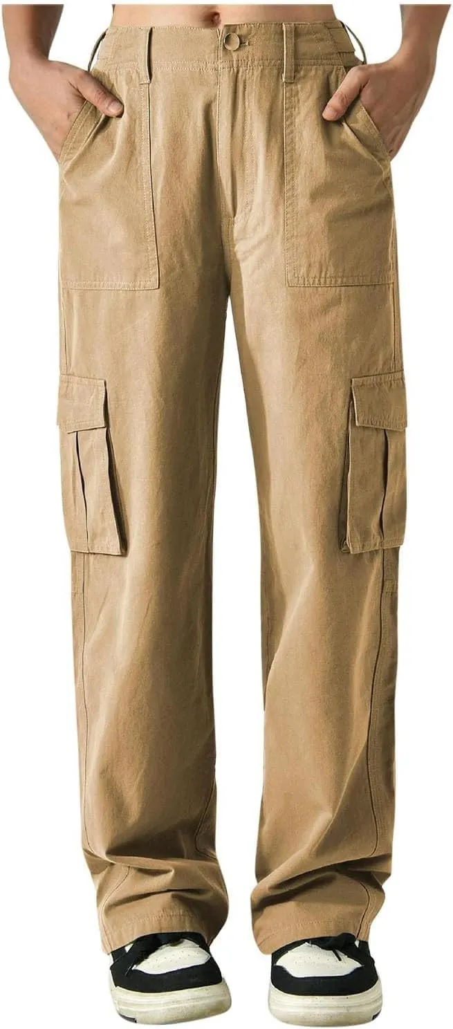 Cargo Pants Women Button High Waisted Hiking Pants Casual Tactical Style Trousers with 6 Pockets Loose Streetwear