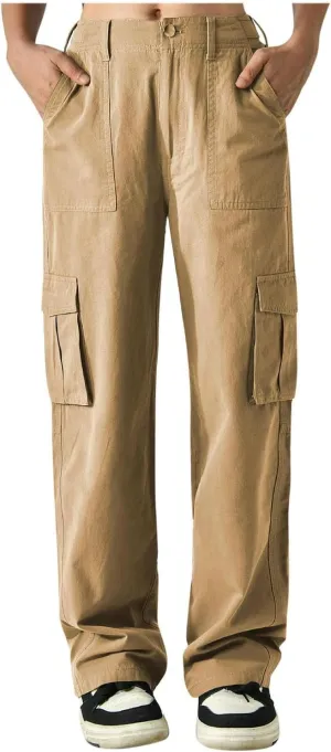 Cargo Pants Women Button High Waisted Hiking Pants Casual Tactical Style Trousers with 6 Pockets Loose Streetwear