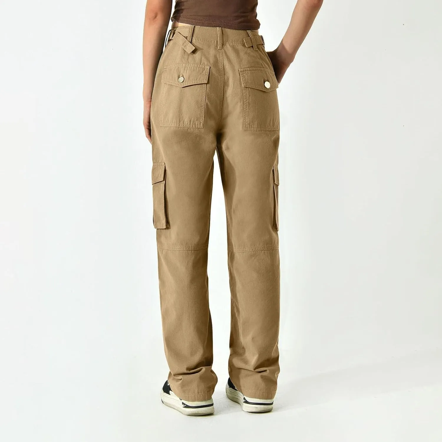 Cargo Pants Women Button High Waisted Hiking Pants Casual Tactical Style Trousers with 6 Pockets Loose Streetwear