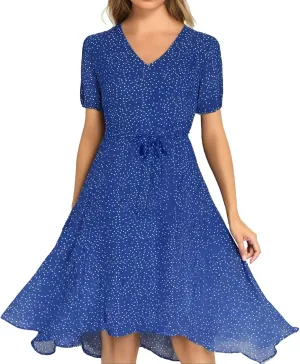 Casual Summer Dresses for Women Polka Dot Print V Neck Short Sleeve Ruffle Flowy Boho Floral Dress Midi Length