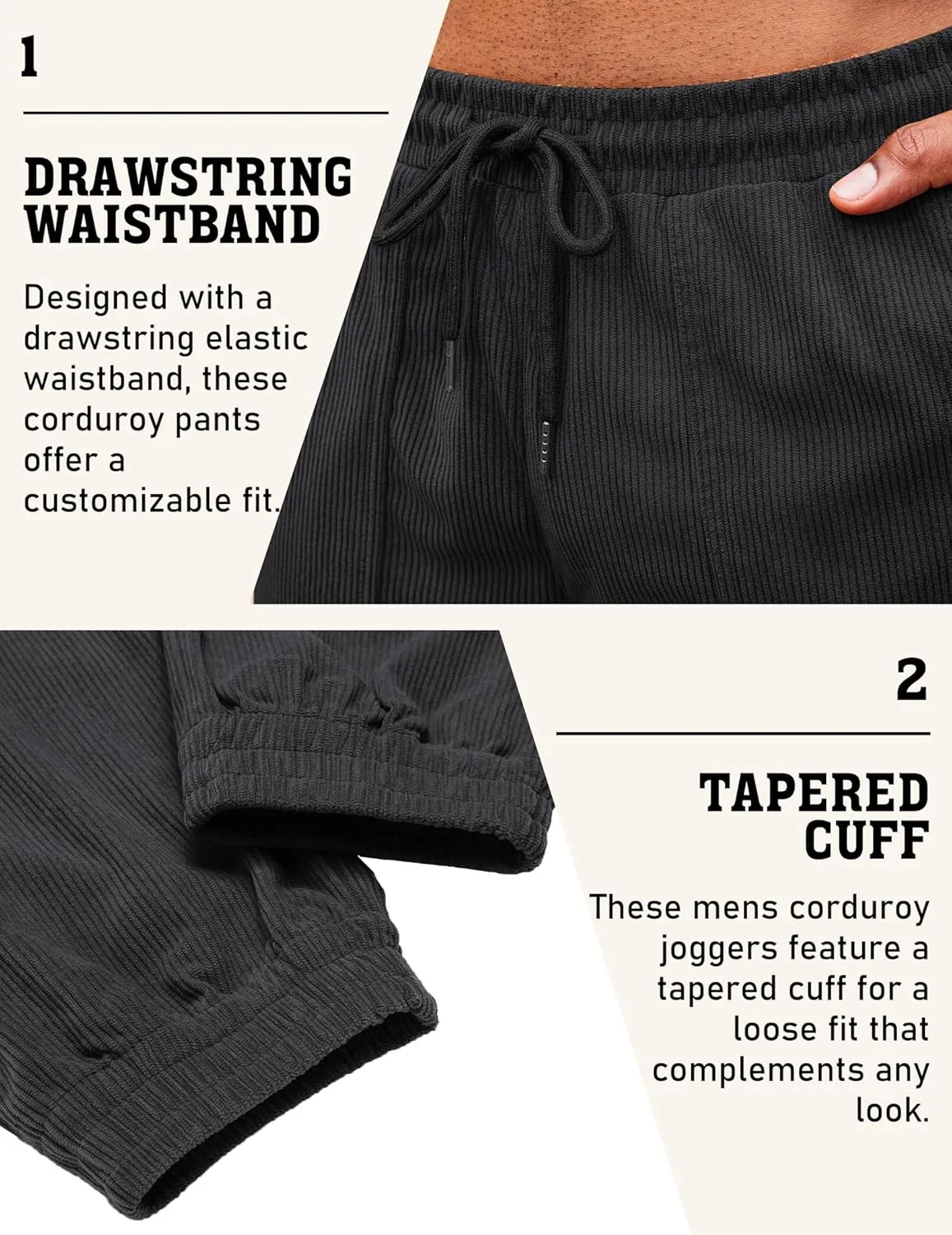COOFANDY Men's Corduroy Pants Casual Drawstring Trousers Elastic Waist Fashion Tapered Streetwear Joggers with Pockets