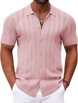COOFANDY Men's Knit Polo Shirt Vintage Button Down Shirt Short Sleeve Hawaiian Shirt 2025 Summer Fashion Beach Shirts