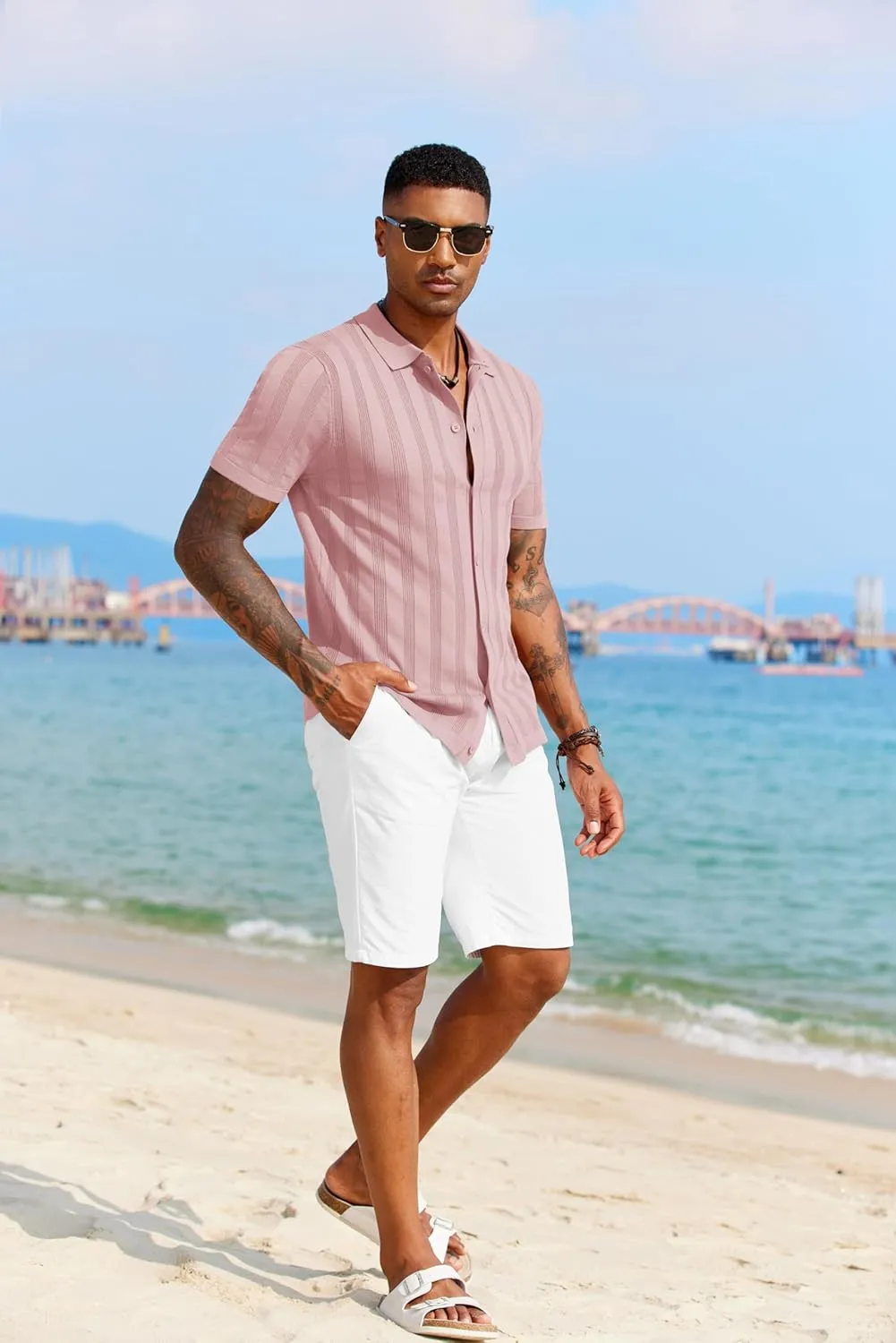 COOFANDY Men's Knit Polo Shirt Vintage Button Down Shirt Short Sleeve Hawaiian Shirt 2025 Summer Fashion Beach Shirts