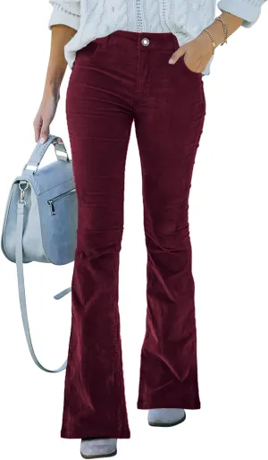 Corduroy Pants for Women High Waist Flare Pants Vintage Baggy Wide Leg Bell Bottom Trousers Pants with Pockets