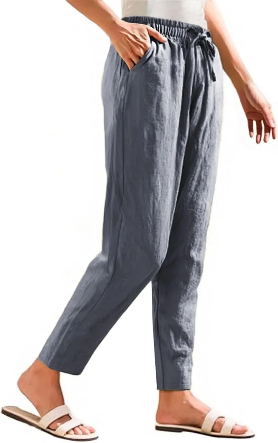 Cropped Linen Pants Women Elastic Waist Straight Leg Ankle Pants Lightweight Comfy Trousers 2025 Summer Beach Outfits