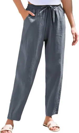 Cropped Linen Pants Women Elastic Waist Straight Leg Ankle Pants Lightweight Comfy Trousers 2025 Summer Beach Outfits