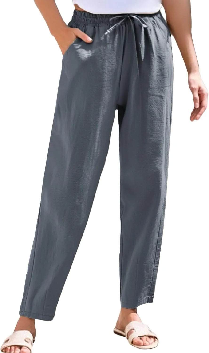 Cropped Linen Pants Women Elastic Waist Straight Leg Ankle Pants Lightweight Comfy Trousers 2025 Summer Beach Outfits