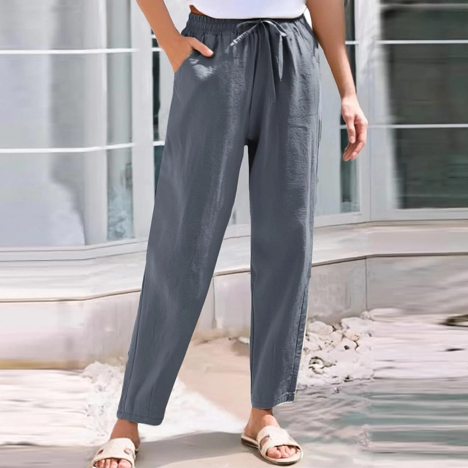 Cropped Linen Pants Women Elastic Waist Straight Leg Ankle Pants Lightweight Comfy Trousers 2025 Summer Beach Outfits