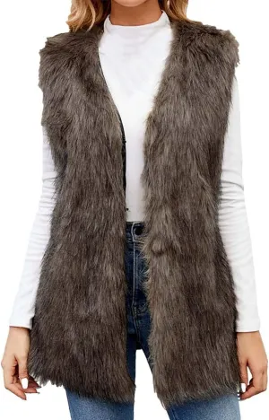 DDAPJ pyju Faux Fur Vest Jacket for Women Sleeveless Open Front Winter Warm Waistcoat Fluffy Fuzzy Gilet Coat Outerwear