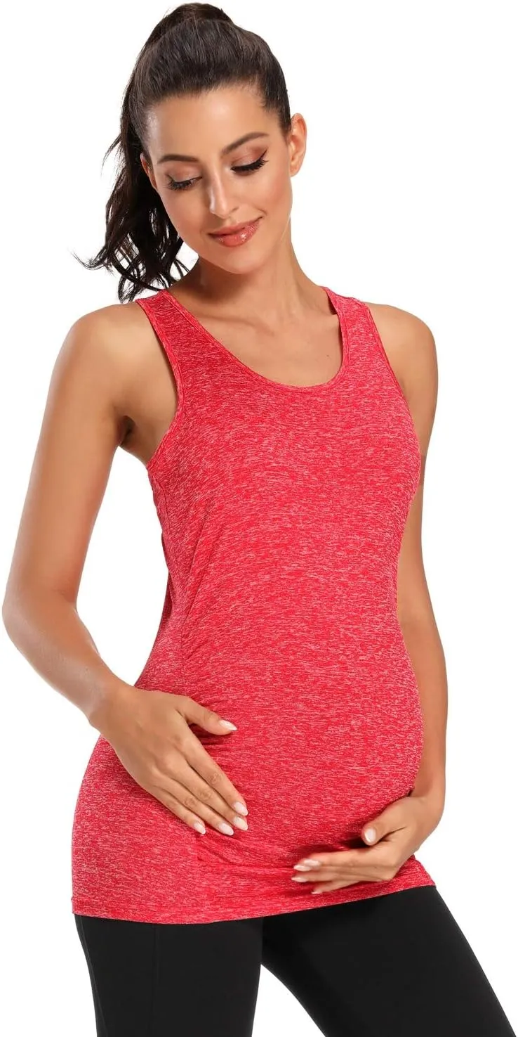 Ecavus Women's Maternity Tank Tops Seamless Racerback Sleeveless Workout Athletic Yoga Tops Pregnancy Shirt