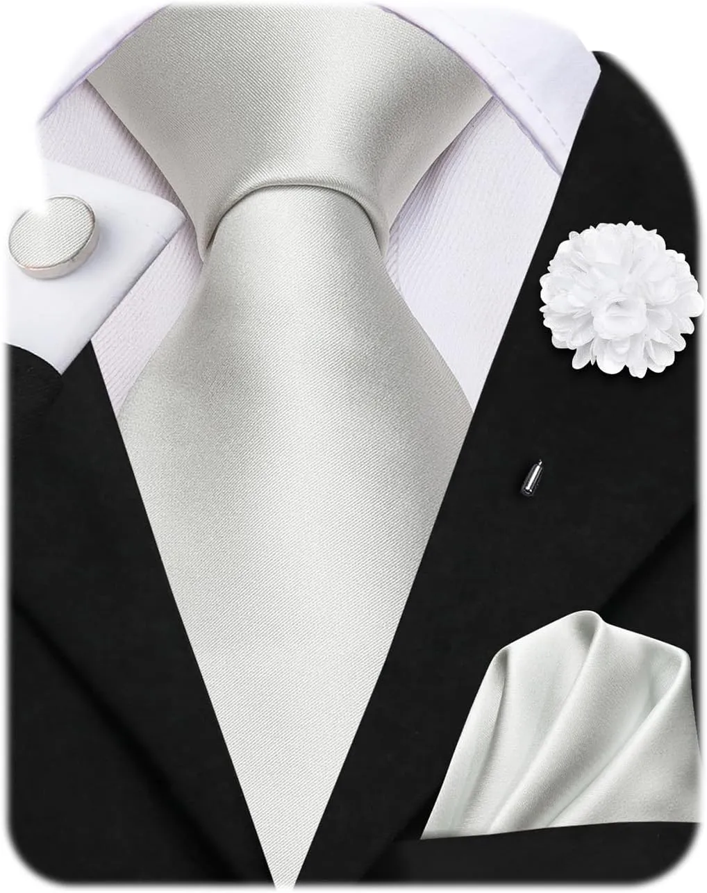 Hi-Tie Men Silk Ties Set with Flower Lapel Pin Necktie Pocket Square Cufflinks for Tuxedo Wedding Business