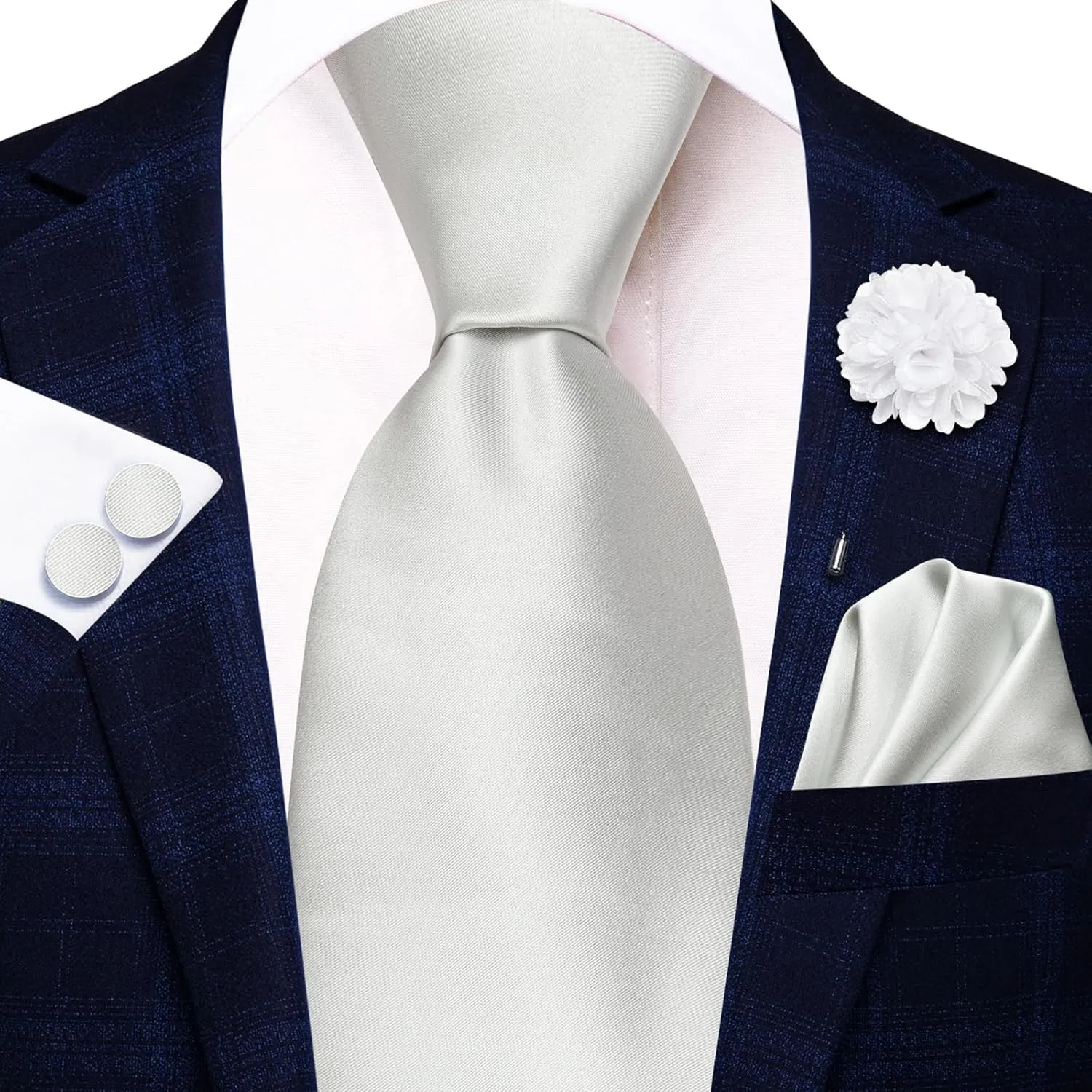 Hi-Tie Men Silk Ties Set with Flower Lapel Pin Necktie Pocket Square Cufflinks for Tuxedo Wedding Business