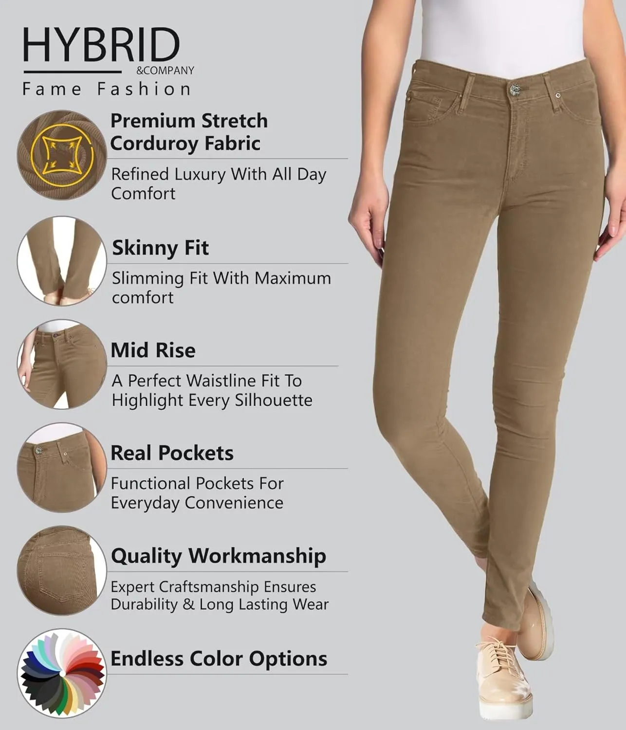 Hybrid & Company Super Comfy Stretch Women 5 Pockets Corduroy Skinny Pants