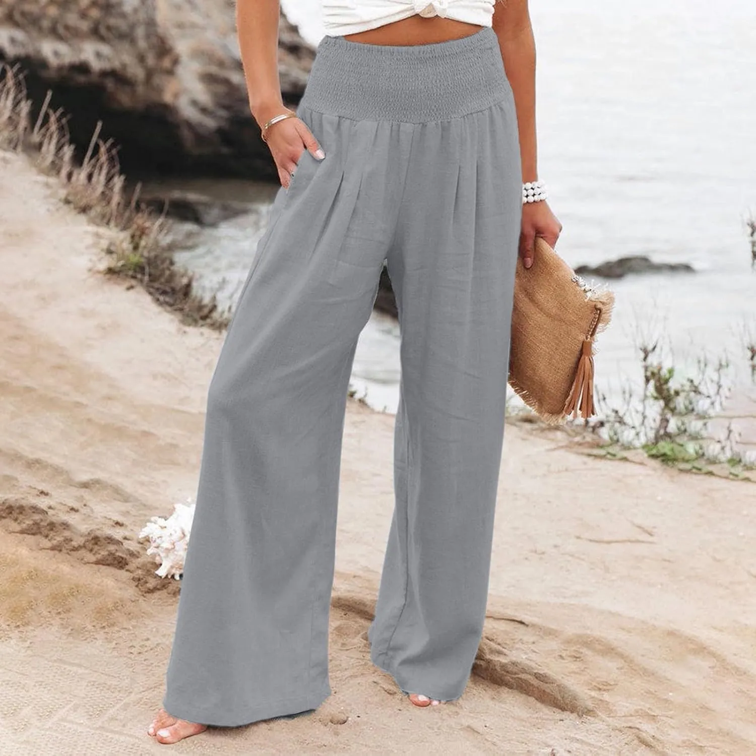 Linen Palazzo Pant Women 2025 Summer Boho Wide Leg High Waist Lounge Pants Casual Beach Vacation Outfits