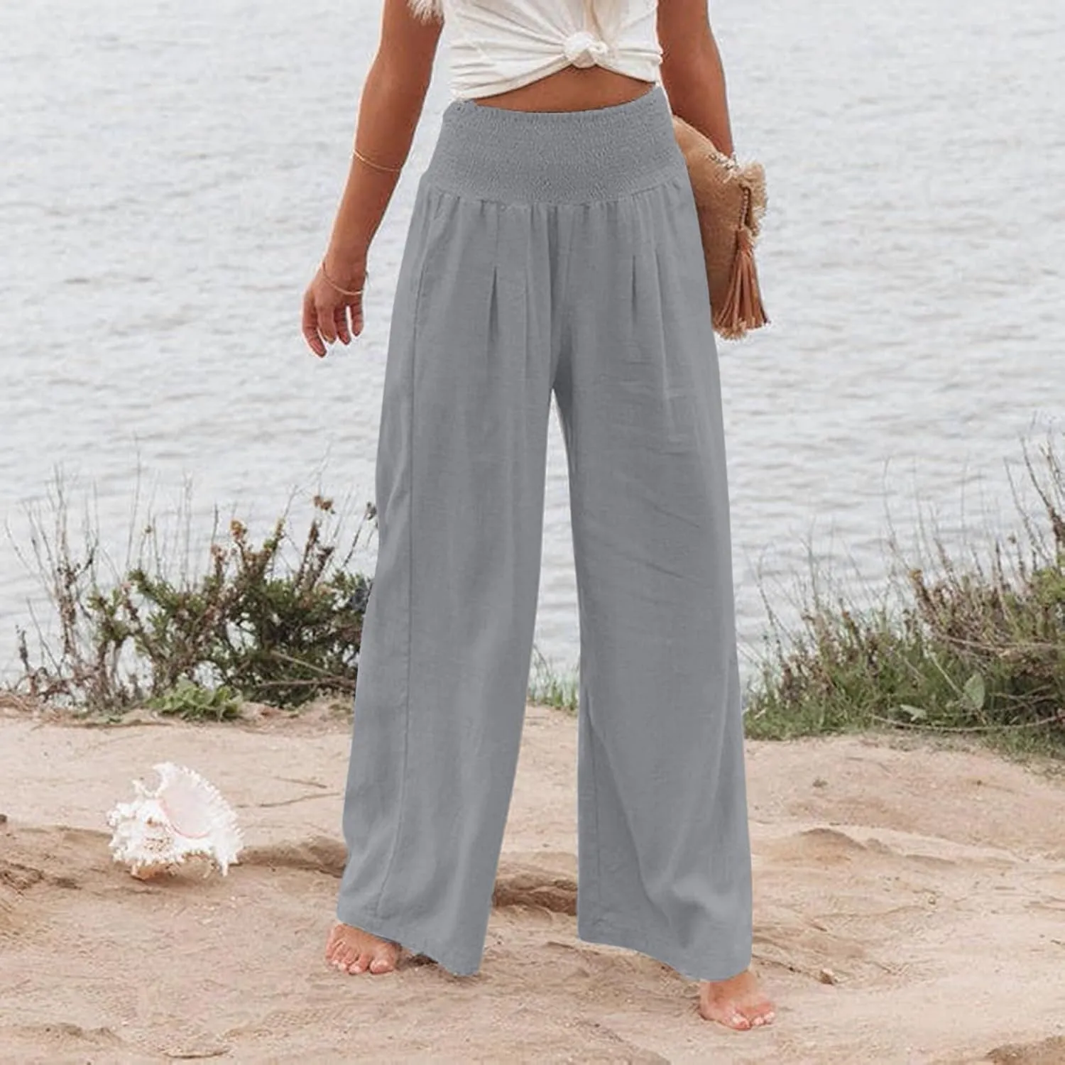 Linen Palazzo Pant Women 2025 Summer Boho Wide Leg High Waist Lounge Pants Casual Beach Vacation Outfits