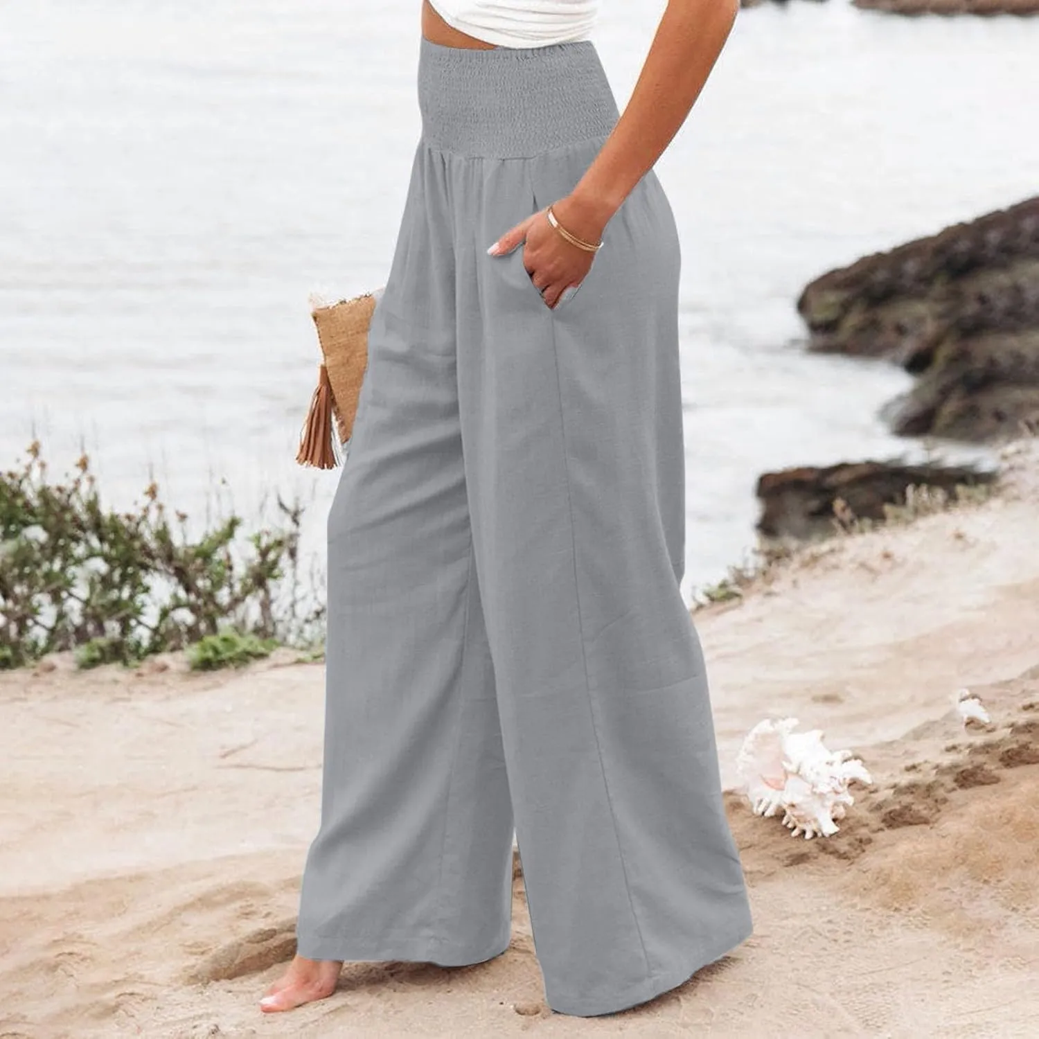 Linen Palazzo Pant Women 2025 Summer Boho Wide Leg High Waist Lounge Pants Casual Beach Vacation Outfits