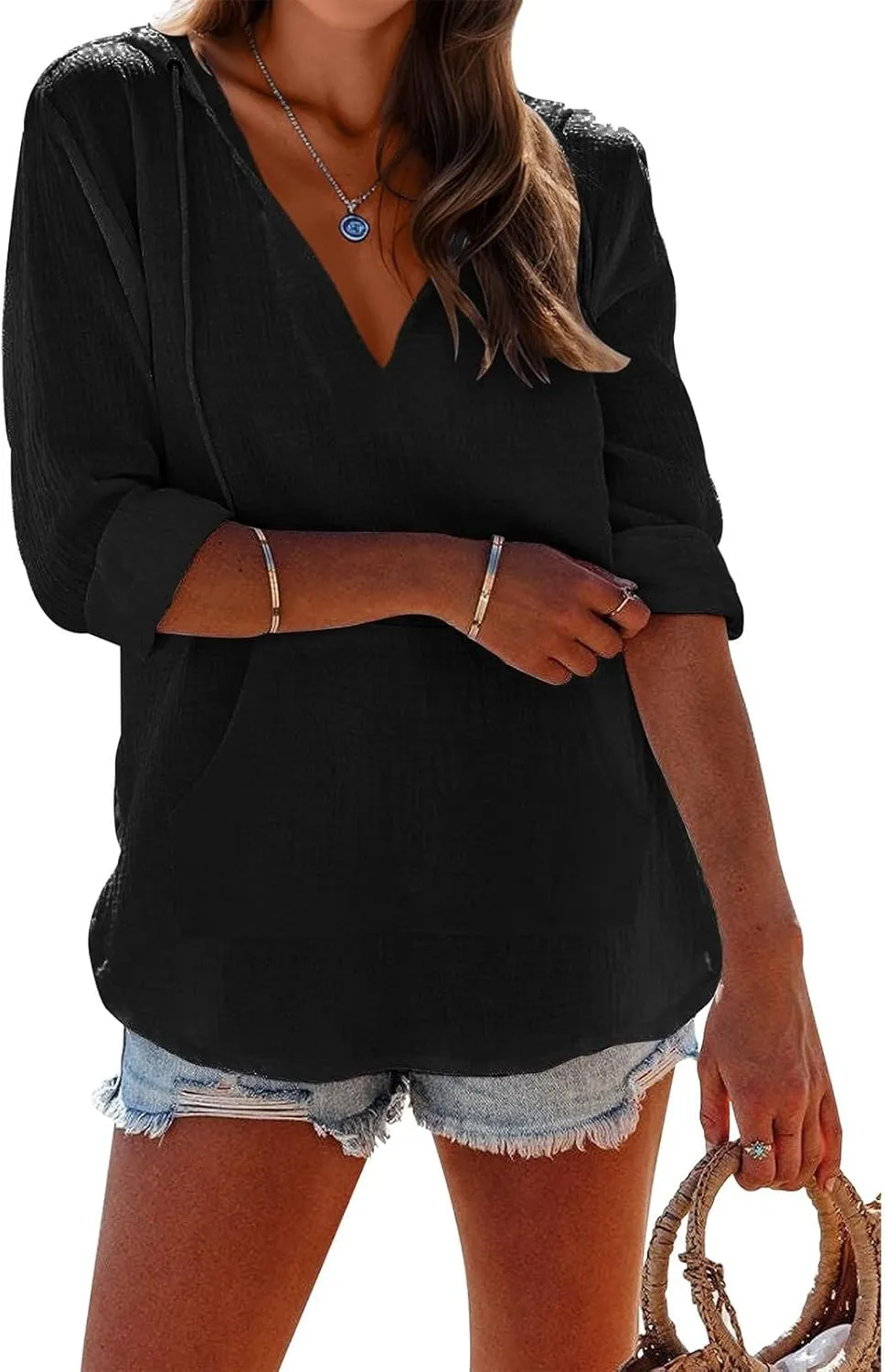 Long Sleeve Shirts for Women Casual V Neck Linen T Shirts Lightweight Pullover Tops Hoodie Sweatshirts Beach Cover Up