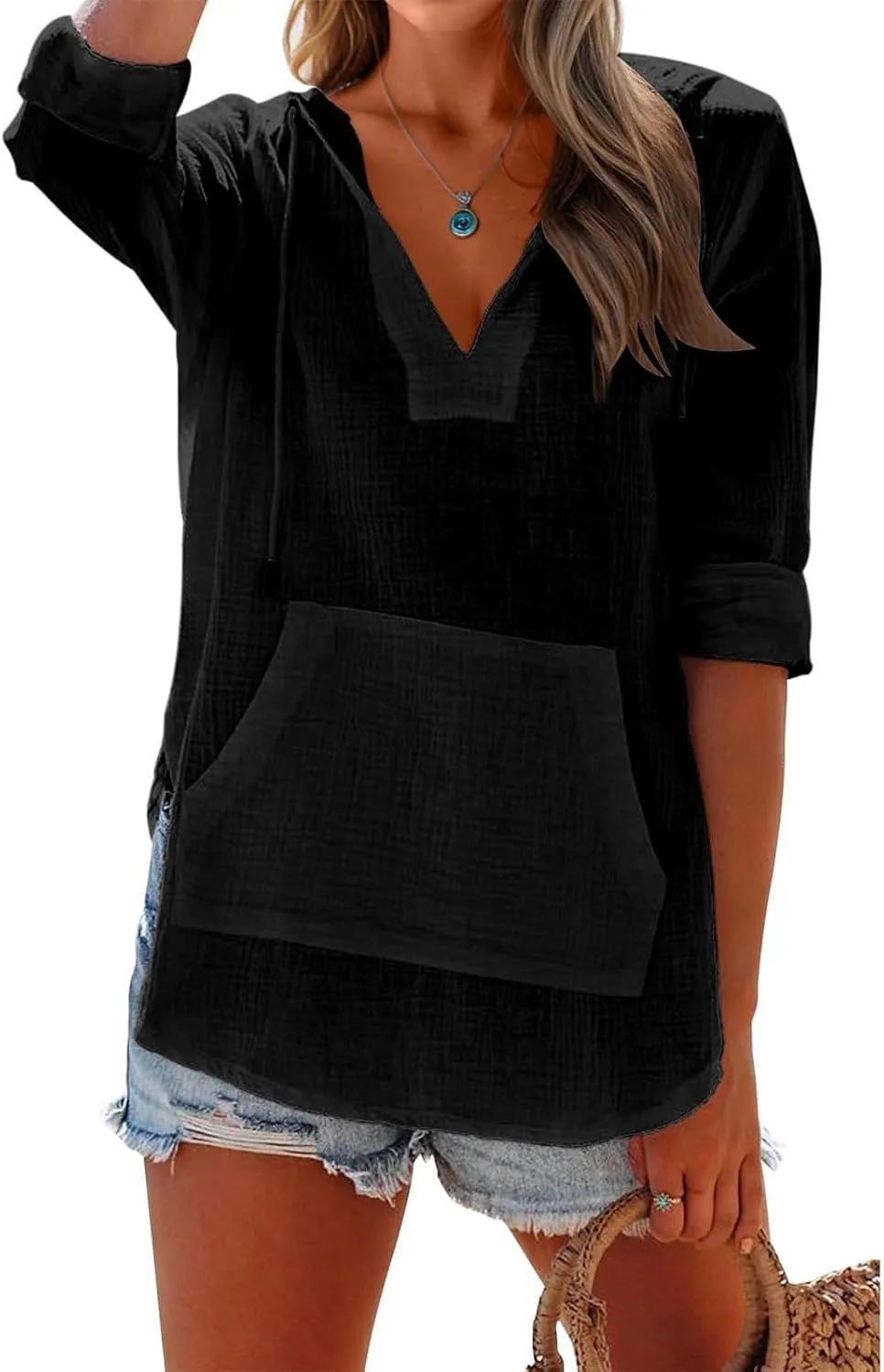 Long Sleeve Shirts for Women Casual V Neck Linen T Shirts Lightweight Pullover Tops Hoodie Sweatshirts Beach Cover Up
