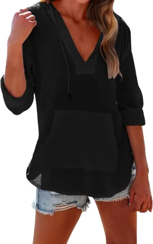 Long Sleeve Shirts for Women Casual V Neck Linen T Shirts Lightweight Pullover Tops Hoodie Sweatshirts Beach Cover Up