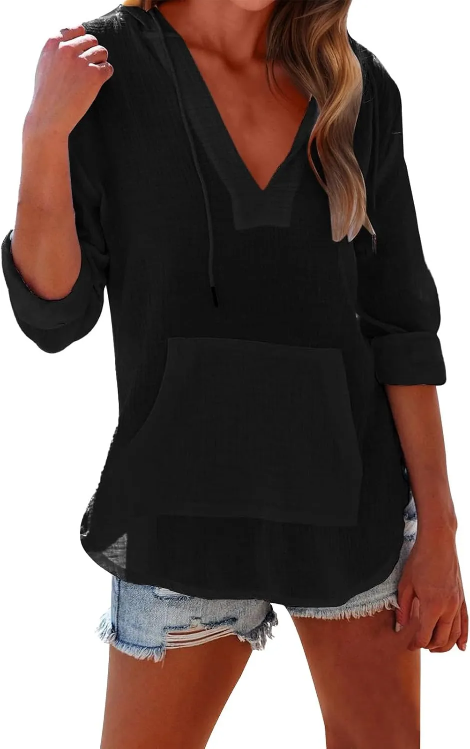 Long Sleeve Shirts for Women Casual V Neck Linen T Shirts Lightweight Pullover Tops Hoodie Sweatshirts Beach Cover Up