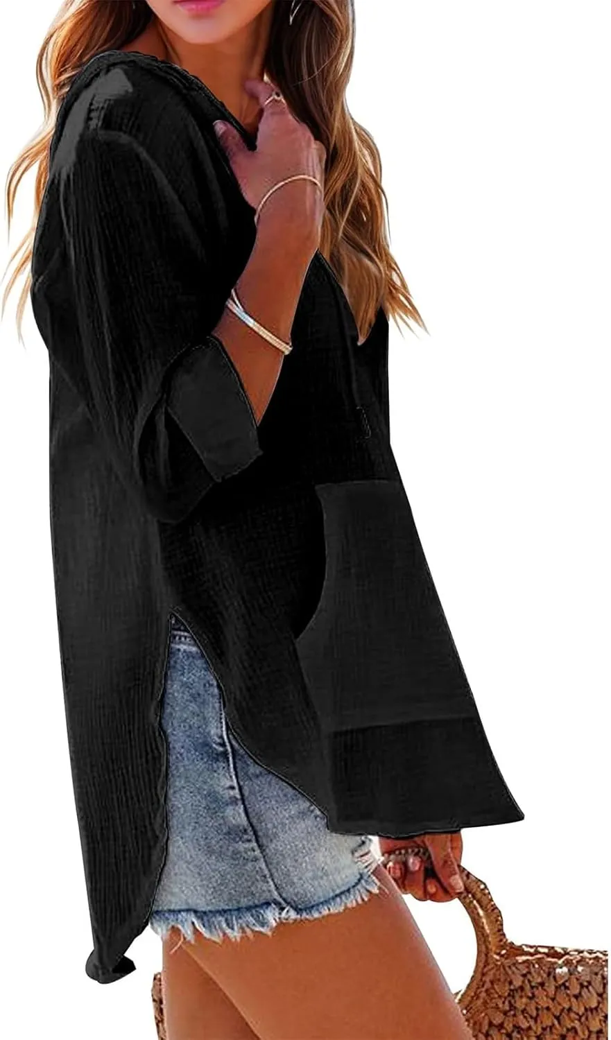 Long Sleeve Shirts for Women Casual V Neck Linen T Shirts Lightweight Pullover Tops Hoodie Sweatshirts Beach Cover Up