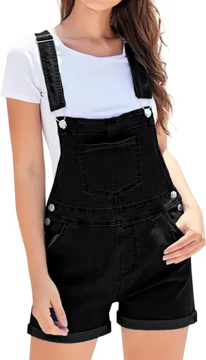 LONGYIDA Women's Shorts Denim Overalls Adjustable Strap Cuffed Hem Casual Shortalls