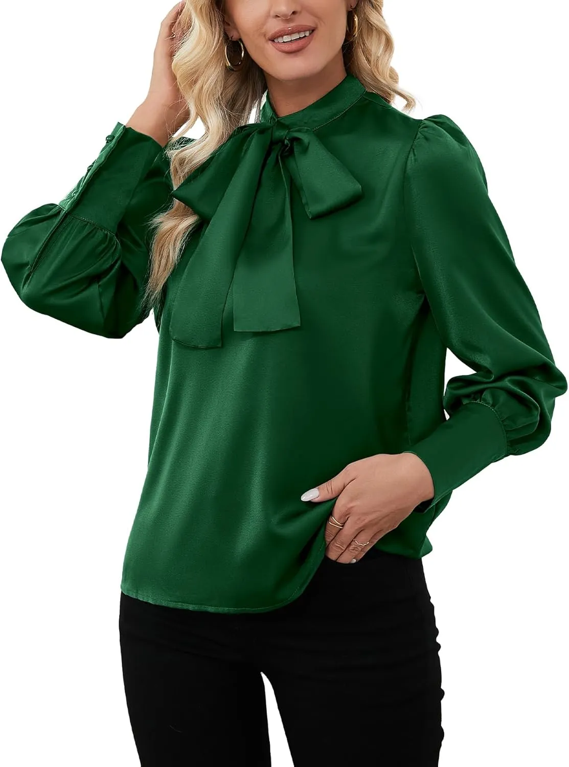 LYANER Women's Elegant Bow Tie Mock Neck Bow Knot Long Sleeve Work Office Satin Blouse Silk Shirt Top