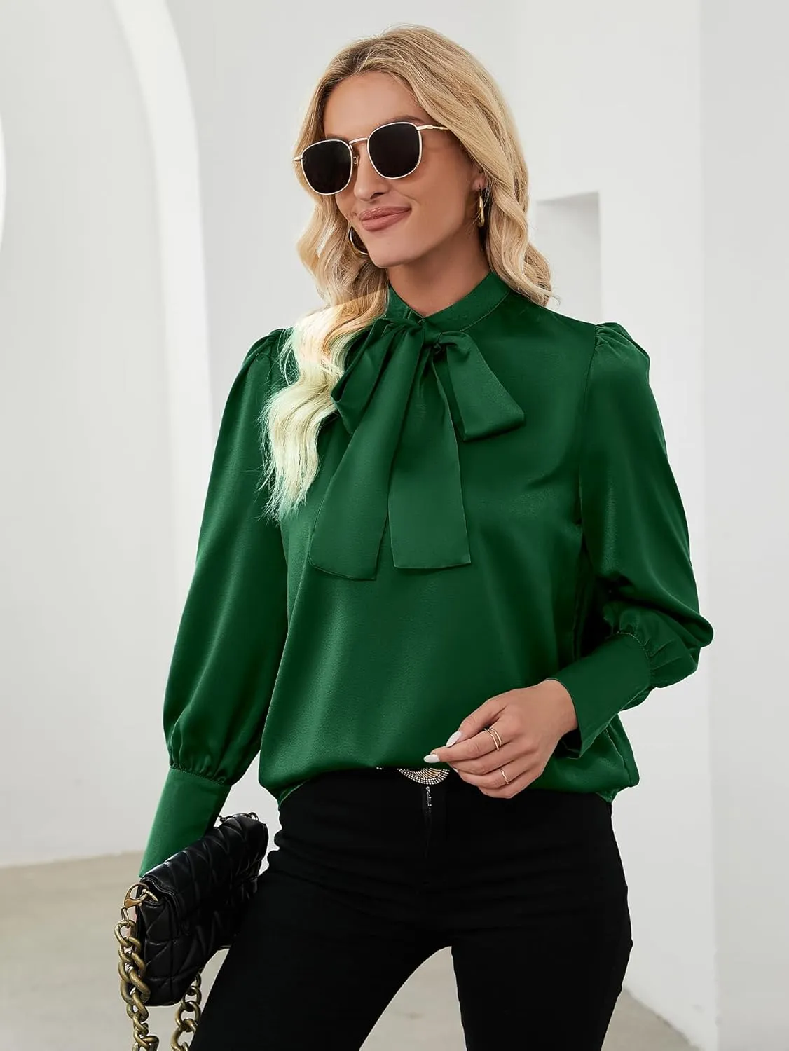 LYANER Women's Elegant Bow Tie Mock Neck Bow Knot Long Sleeve Work Office Satin Blouse Silk Shirt Top