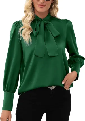 LYANER Women's Elegant Bow Tie Mock Neck Bow Knot Long Sleeve Work Office Satin Blouse Silk Shirt Top