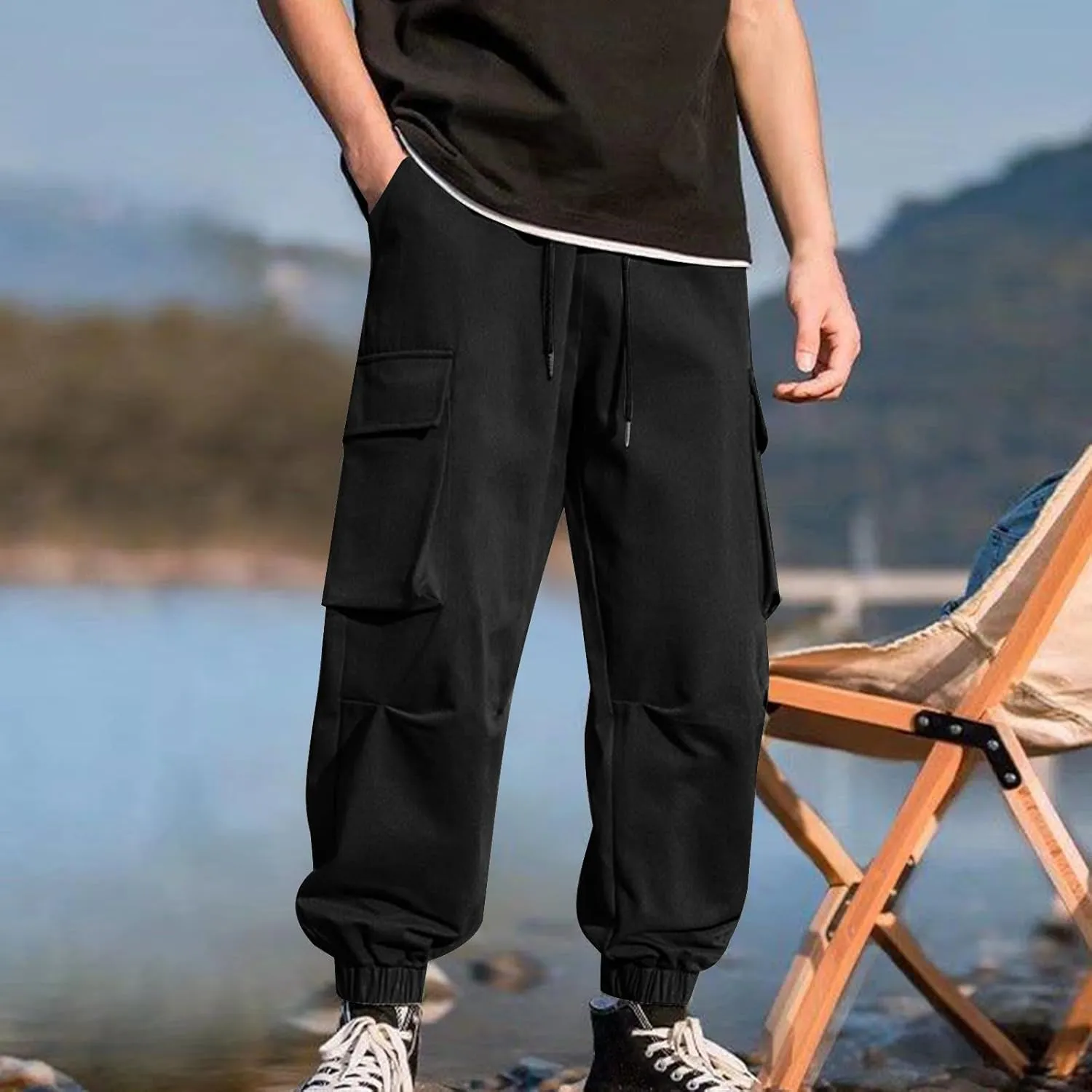 Mens Cargo Pants Trendy Solid Color Work Pants Elastic Waist Drawstring Hiking Pants Casual Multi Pockets Jogger Pants