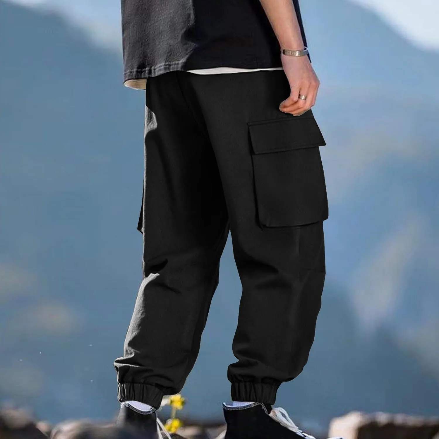 Mens Cargo Pants Trendy Solid Color Work Pants Elastic Waist Drawstring Hiking Pants Casual Multi Pockets Jogger Pants