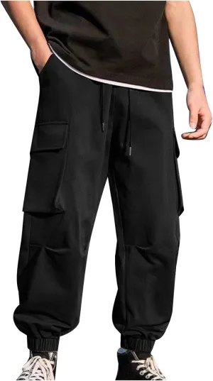 Mens Cargo Pants Trendy Solid Color Work Pants Elastic Waist Drawstring Hiking Pants Casual Multi Pockets Jogger Pants