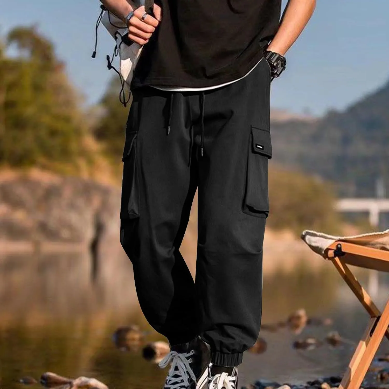 Mens Cargo Pants Trendy Solid Color Work Pants Elastic Waist Drawstring Hiking Pants Casual Multi Pockets Jogger Pants