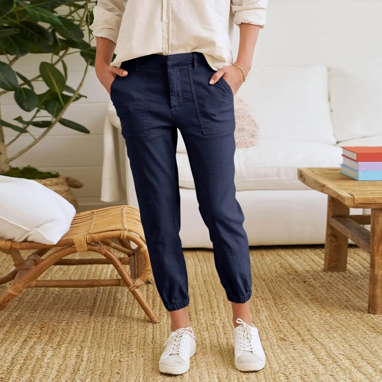 midelxp Linen Joggers for Women Dressy Casual Straight Leg Cropped Pants Lightweight High Waisted Capri Pants with Pockets