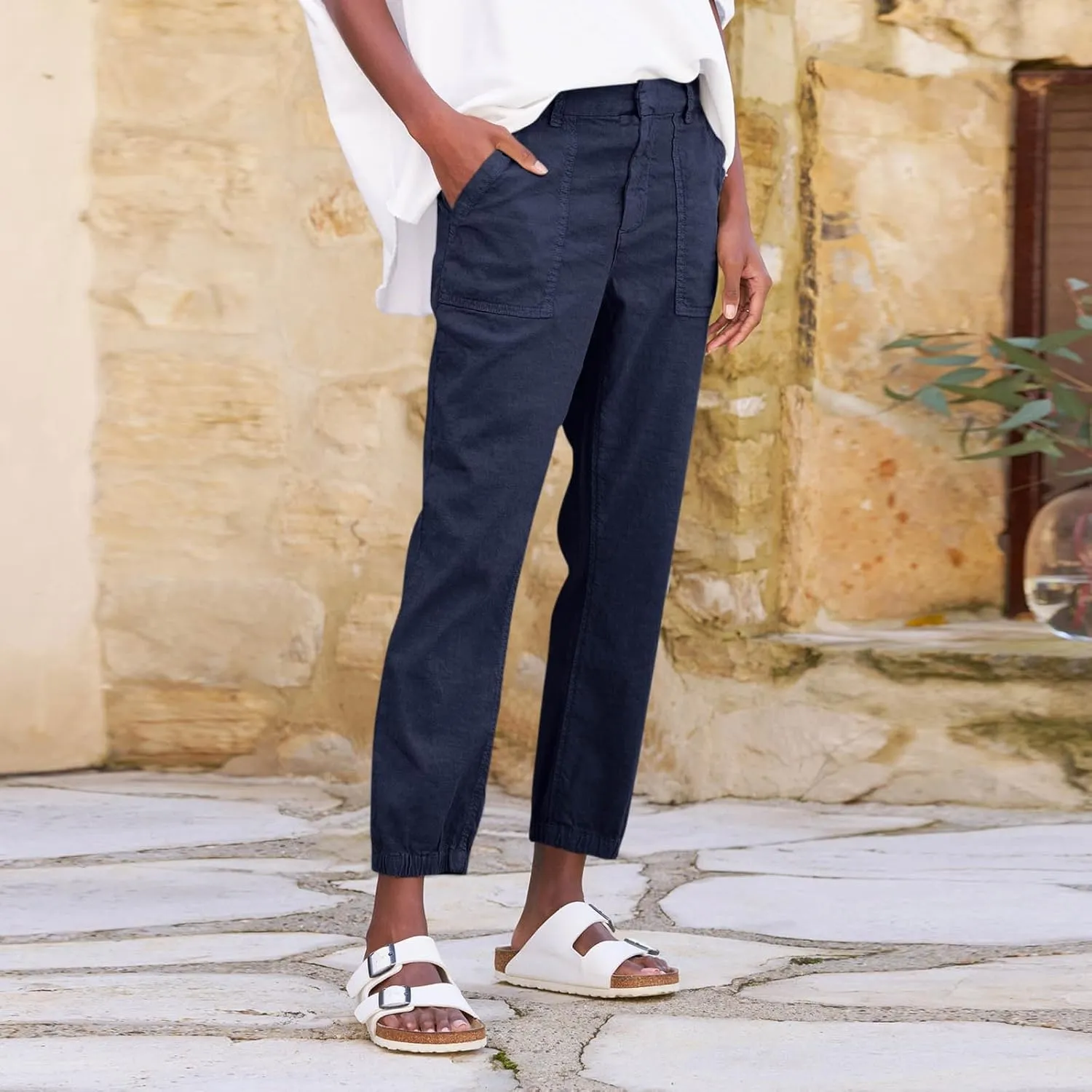 midelxp Linen Joggers for Women Dressy Casual Straight Leg Cropped Pants Lightweight High Waisted Capri Pants with Pockets