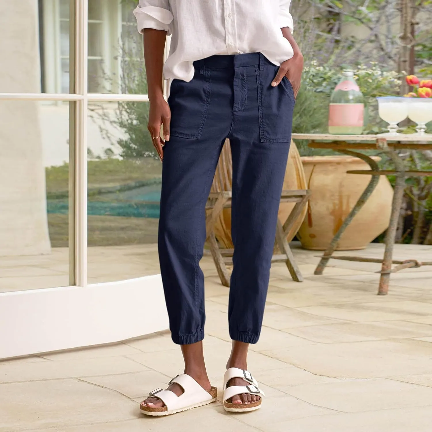 midelxp Linen Joggers for Women Dressy Casual Straight Leg Cropped Pants Lightweight High Waisted Capri Pants with Pockets
