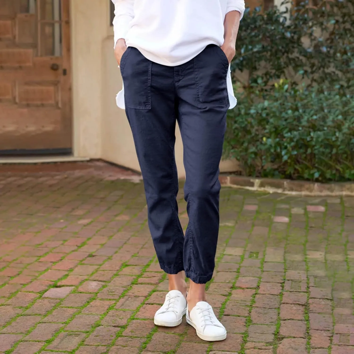 midelxp Linen Joggers for Women Dressy Casual Straight Leg Cropped Pants Lightweight High Waisted Capri Pants with Pockets